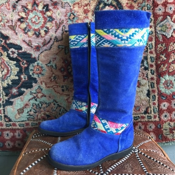 Suede Textile Boots Moroccan Handmade Local Blue - Picture 3 of 8